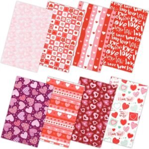 Valentine’s Fabric Bundle – 8 pcs, 8 Designs, Cotton Squares with Hearts & Florals for DIY Crafts
