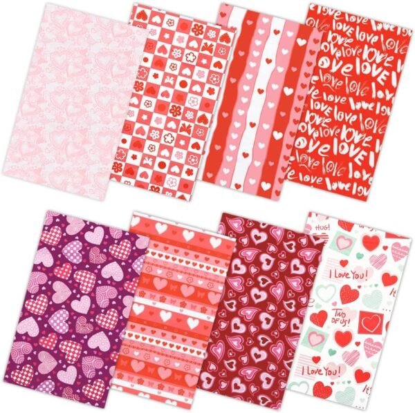 Valentine’s Fabric Bundle – 8 pcs, 8 Designs, Cotton Squares with Hearts & Florals for DIY Crafts