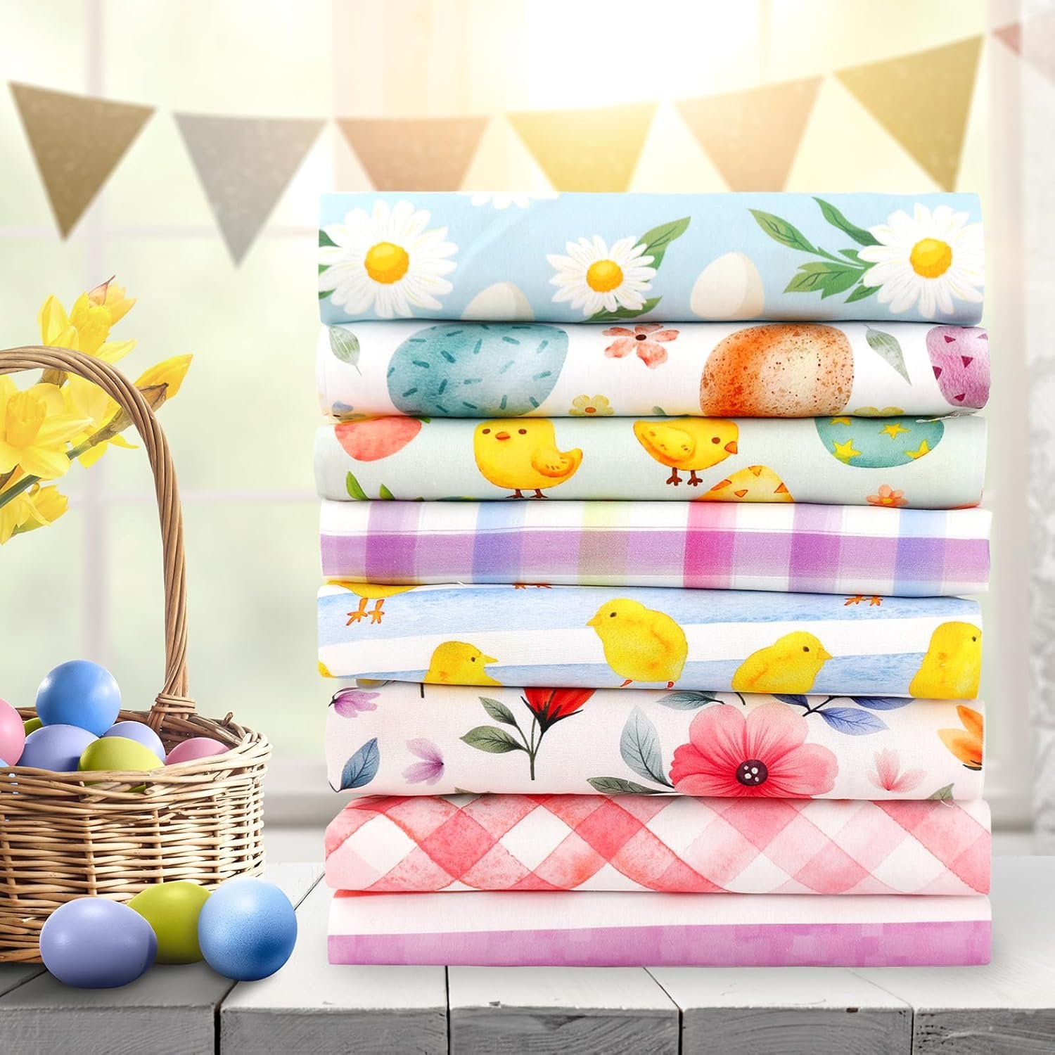 Pastel Easter Fabric Bundle – 8 Pieces, 18×22 Inch, Chicks, Bunny & Flowers for DIY & Decor