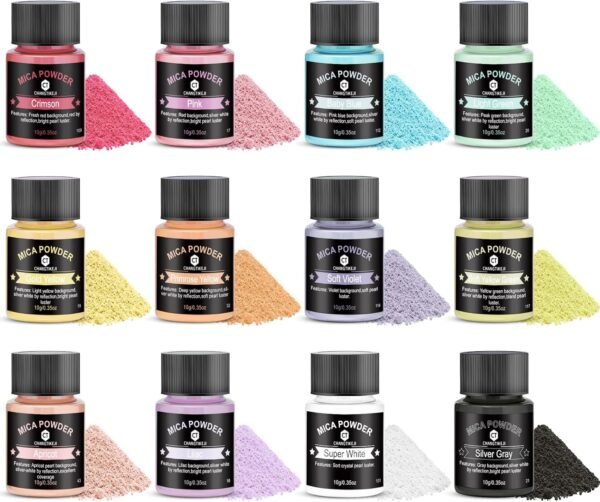 12 Colors Mica Powder Pearlescent Pigments – For Resin, Soap, Nail Polish, Candles & More (10g Each)