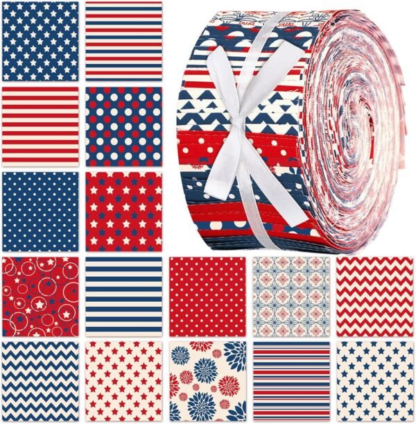 Patriotic Fabric Roll – 100 pcs, 2.56" Strips, Retro 4th of July Prints for DIY & Crafts