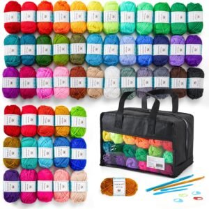 Acrylic Yarn Set – 52 Skeins (1820 Yds), 52 Colors, 2 Hooks, 2 Needles, 10 Markers, Bag, Beginner Gift