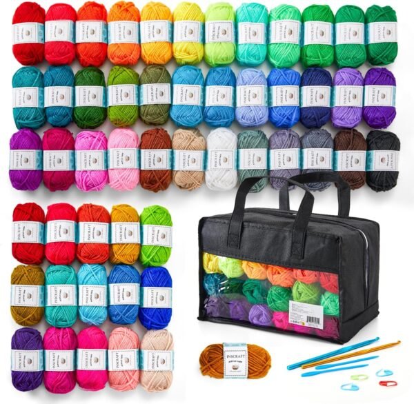Acrylic Yarn Set – 52 Skeins (1820 Yds), 52 Colors, 2 Hooks, 2 Needles, 10 Markers, Bag, Beginner Gift