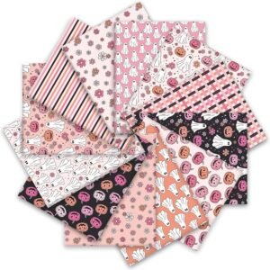 Ghost Floral Fabric Bundle – 12 pcs, 18x22 Inch, Pumpkin & Flower Prints, Pink & Black for Halloween Craft