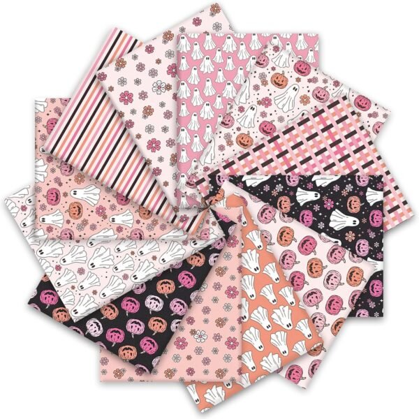 Ghost Floral Fabric Bundle – 12 pcs, 18x22 Inch, Pumpkin & Flower Prints, Pink & Black for Halloween Craft