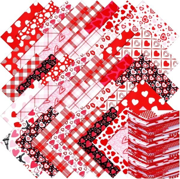 Valentine’s Fabric Bundle – 100 pcs, 10"x10" Squares, Rose, Red & Pink Hearts for DIY Craft