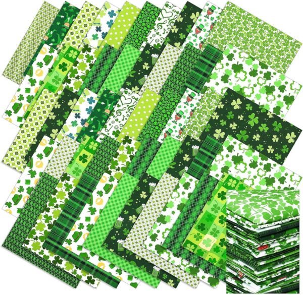St. Patrick’s Fabric Bundle – 100 pcs, 10"x10" Squares, Shamrock & Clover Prints for DIY Quilting