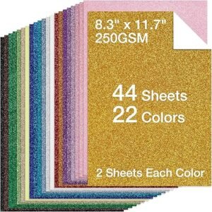 44 Sheets Glitter Cardstock – 22 Colors, 250 GSM for Cricut, Scrapbooking & Card Making