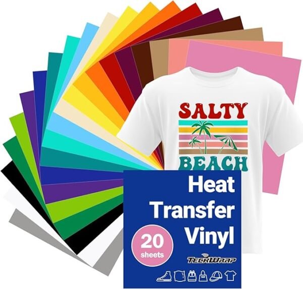 20 Sheets HTV Heat Transfer Vinyl Bundle – 12" x 10", Assorted Colors for T-Shirts & Fabric Designs
