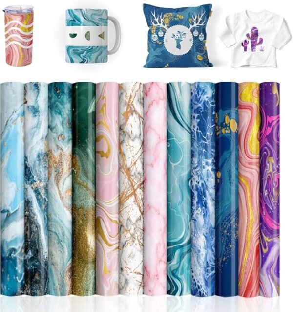 12 Pcs Watercolor Marble Sublimation Transfer Sheets – 12" x 12" for T-Shirts, Mugs & Coasters