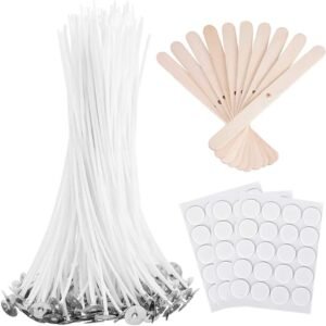 100 Pcs 6-Inch Candle Wicks with Stickers & Centering Device – For Soy/Beeswax Candle Making