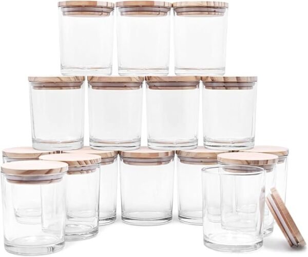 Thick Clear Glass Empty Candle Jars with Wood Lids for Making Candles