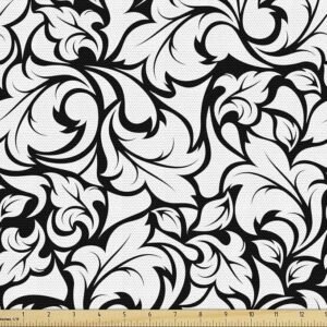 Floral Fabric Monochrome Leaves Abstract Design, 1 Yard, Black & White