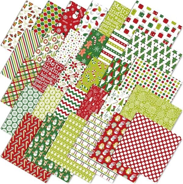 Christmas Fabric Bundle – 60 pcs, 10"x10", Xmas Tree, Snowflake, Santa & Gingerbread Prints for DIY Craft