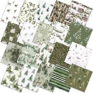 Watercolor Forest Fabric Bundle – 20 pcs, 10"x10", Christmas Tree & Reindeer Prints for DIY Quilting