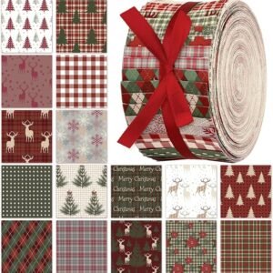 Woodland Plaid Christmas Fabric Roll – 40 pcs, 2.56" Strips, Snowflake Prints for Winter DIY Crafts