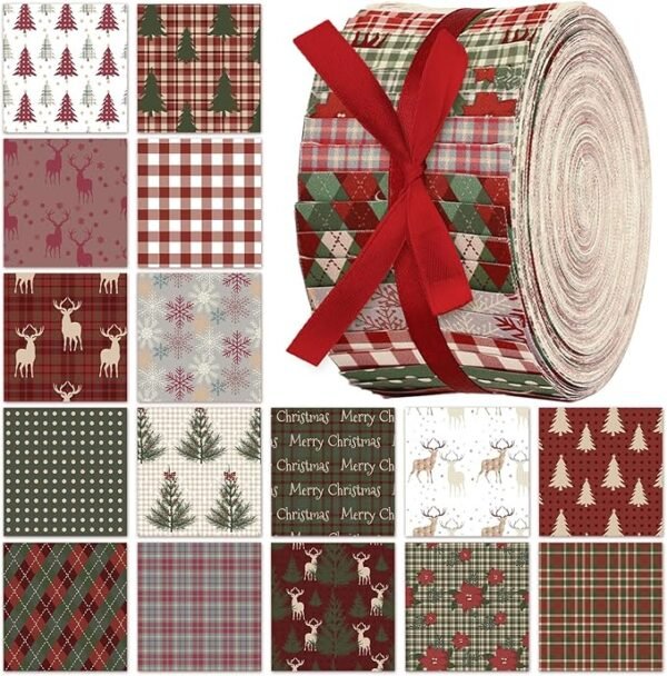 Woodland Plaid Christmas Fabric Roll – 40 pcs, 2.56" Strips, Snowflake Prints for Winter DIY Crafts