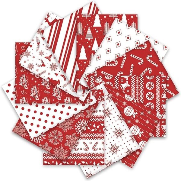 Christmas Fabric Bundle – 12 pcs, 18x22", Xmas Tree, Snowflake & Reindeer Prints for DIY Crafts