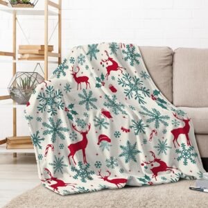 Christmas Fleece Throw Blanket – 40x50", Reindeer & Snowflakes, Soft Plush Winter Decor