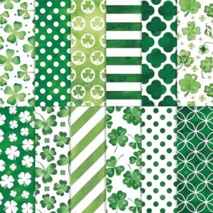 St. Patrick’s Fabric Bundle – 12 pcs, 18x22", Watercolor Shamrock, Dot & Stripe Prints for DIY Craft