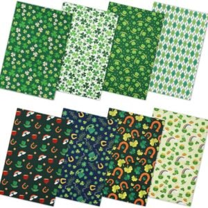 St. Patrick’s Fabric Bundle – 8 pcs, 20"x20", Shamrock, Horseshoe & Four-Leaf Clover Prints for DIY Quilting
