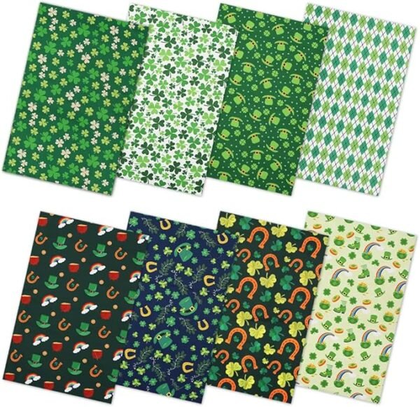 St. Patrick’s Fabric Bundle – 8 pcs, 20"x20", Shamrock, Horseshoe & Four-Leaf Clover Prints for DIY Quilting