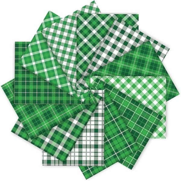 St. Patrick’s Fabric Bundle – 12 pcs, 18x22", Green Buffalo Plaid for DIY Quilting & Decor