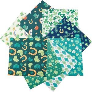 Saint Patrick’s Fabric Bundle – 8 pcs, 10"x10", Shamrock & Clover Prints for DIY Quilting & Decor
