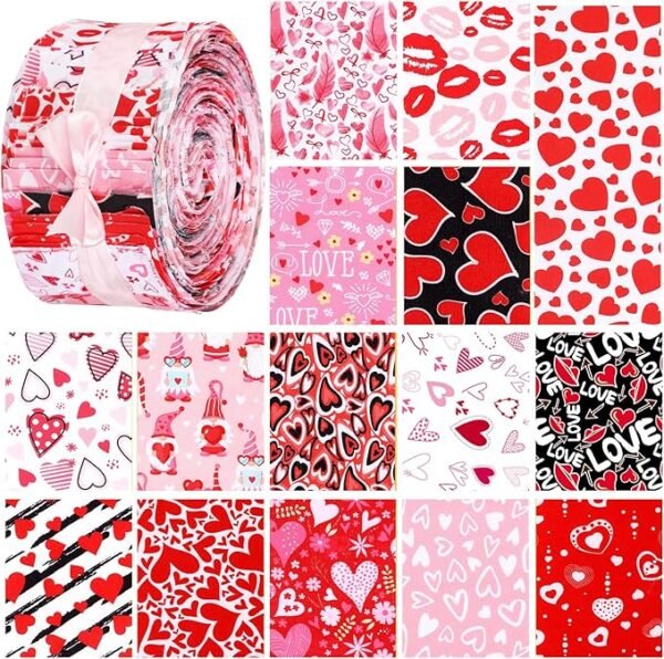 Valentine’s Fabric Roll – 75 pcs, 2.5" Strips, Red Heart Prints, 15 Styles for DIY Quilting