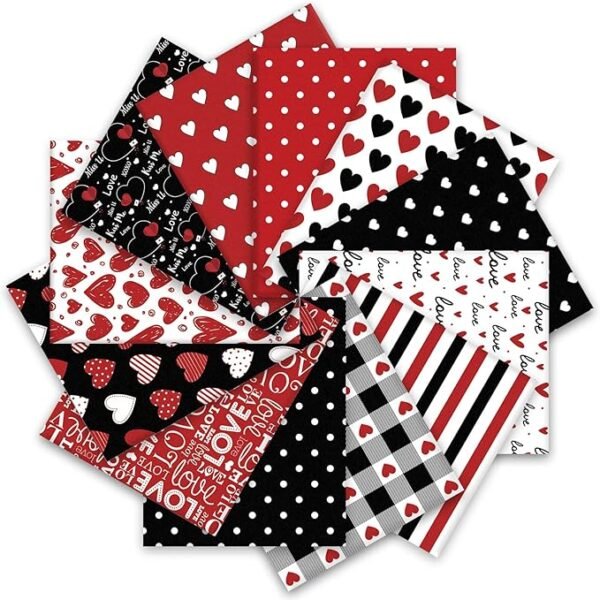 Love Heart Cotton Fabric Bundle – 12 pcs, 10"x10", Red & Black for Valentine’s DIY Quilting