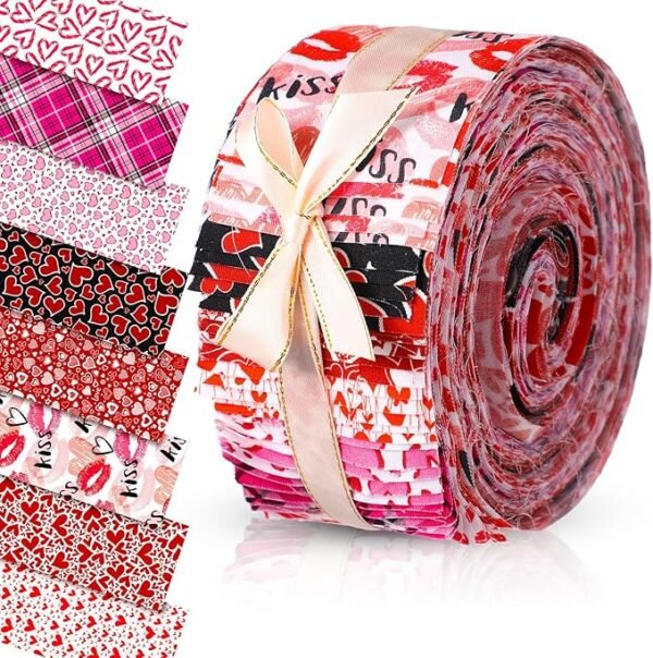 Valentine’s Fabric Bundle – 40 pcs Cotton Quilting Strips, Various Patterns for DIY Crafts