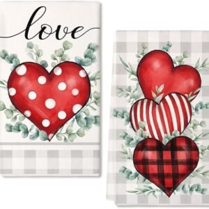 Red Buffalo Plaid Heart Kitchen Towels – Set of 2, Valentines Day Decor