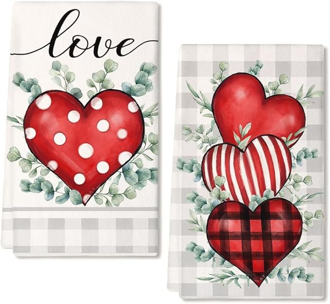 Red Buffalo Plaid Heart Kitchen Towels – Set of 2, Valentines Day Decor