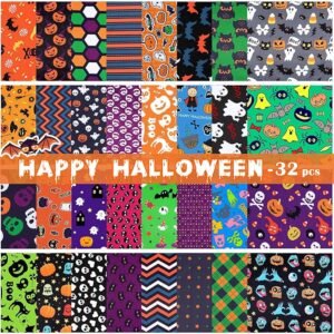 Halloween Fabric Bundle – 32 pcs, 10"x10", Bat, Pumpkin, Ghost & Skull Prints