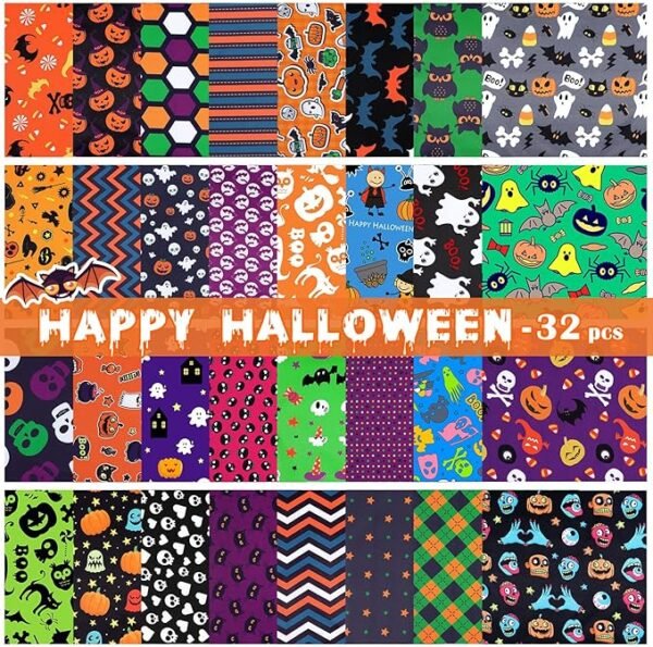 Halloween Fabric Bundle – 32 pcs, 10"x10", Bat, Pumpkin, Ghost & Skull Prints