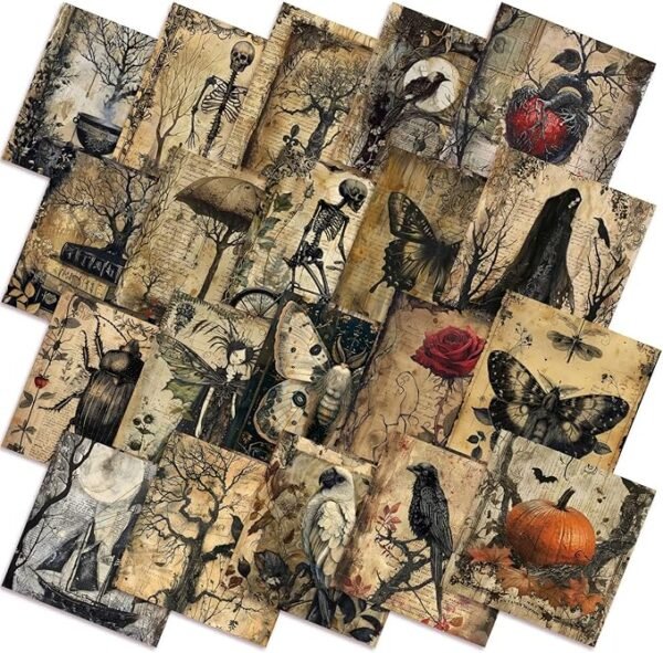 Vintage Halloween Fabric Bundle – 60 pcs, 10"x10", Crow & Skull Prints for DIY Craft