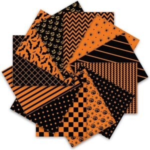 Halloween Cotton Fabric Bundle – 12 pcs, 10"x10", Spider, Pumpkin, Bat & Plaid Prints