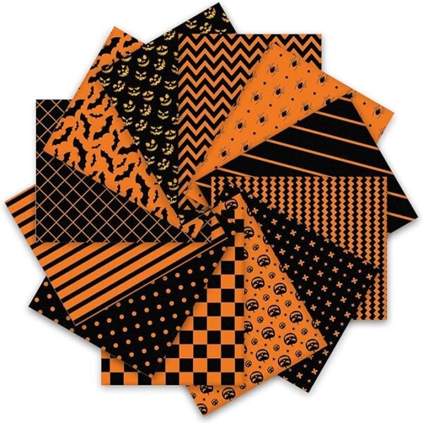 Halloween Cotton Fabric Bundle – 12 pcs, 10"x10", Spider, Pumpkin, Bat & Plaid Prints