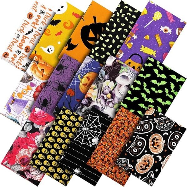 Halloween Fabric Bundle – 30 pcs, 10"x10", Bat, Pumpkin, Ghost & Skull Prints