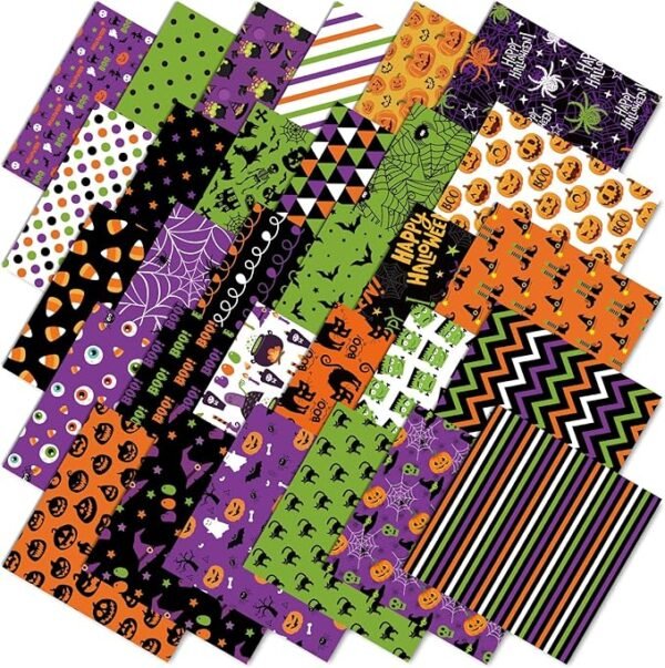 Halloween Fabric Bundle – 60 pcs, 10"x10", Characters, Green & Purple