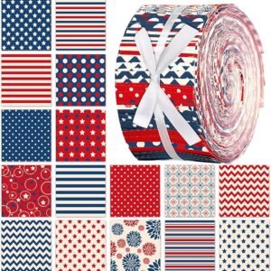 Patriotic Fabric Roll – 100 Precut Strips, 2.56" Wide, Retro 4th of July Prints for DIY & Crafts