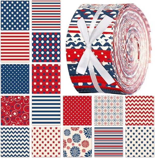 Patriotic Fabric Roll – 100 Precut Strips, 2.56" Wide, Retro 4th of July Prints for DIY & Crafts