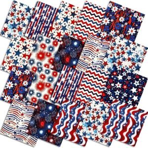 Patriotic Quilting Fabric – 10 Pieces, 20"x20", Red, White & Blue Star Prints for 4th of July DIY