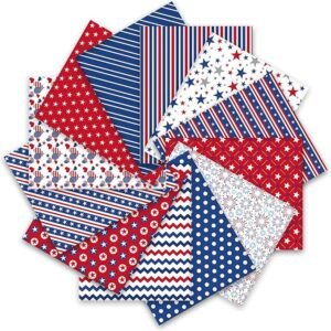 Patriotic Cotton Fabric Bundle – 12 Pieces, 18x22 Inch, Star & Firework Prints for 4th of July DIY