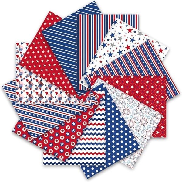 Patriotic Cotton Fabric Bundle – 12 Pieces, 18x22 Inch, Star & Firework Prints for 4th of July DIY