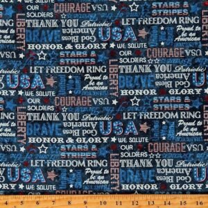 Patriotic Cotton Fabric – Stars & Stripes Script Print, Blue, 44" Wide, Sold by the Yard for 4th of July DIY