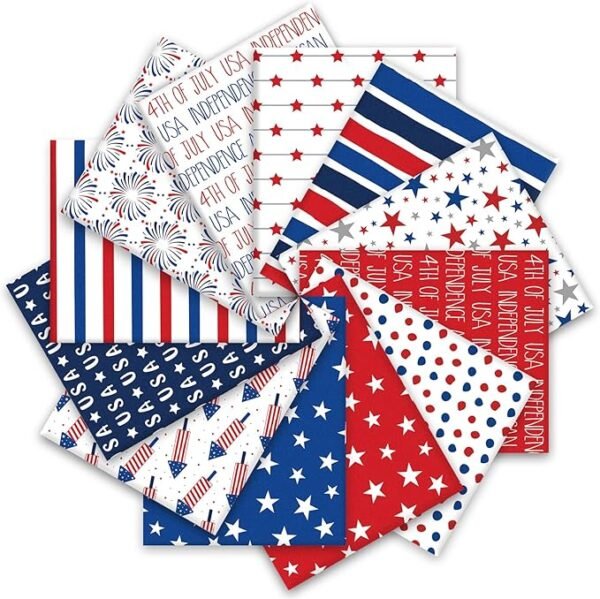 Patriotic Cotton Fabric Bundle – 12 Pieces, 18x22 Inch, Stars, Stripes & Fireworks for 4th of July DIY