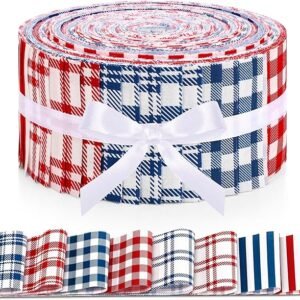 40 Pcs Patriotic Fabric Strips – 39"x2.5", Red & Blue Buffalo Plaid for 4th of July Crafts