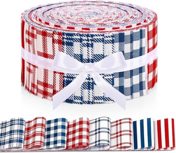 40 Pcs Patriotic Fabric Strips – 39"x2.5", Red & Blue Buffalo Plaid for 4th of July Crafts
