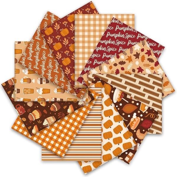 Fall Cotton Fabric Bundle – 12 Pieces, 18x22 Inch, Maple Leaf, Pumpkin & Plaid Prints for Thanksgiving DIY